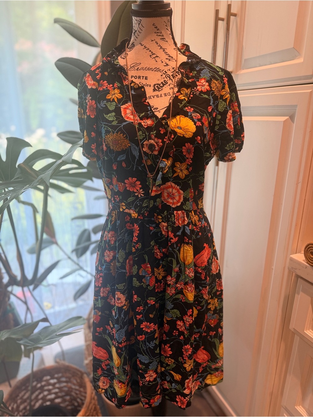 MAEVE Floral Fit & Flare Dress in Black with Yellow & Coral Blooms